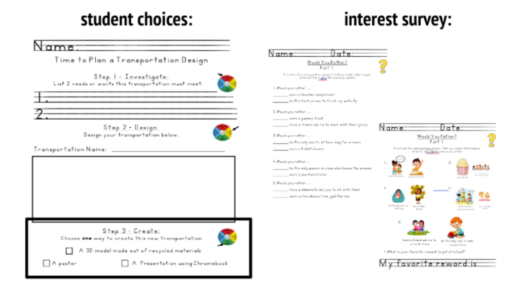 Examples of student choice and interest surveys, elements of Universal Design for Learning